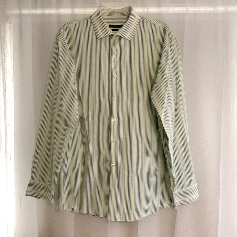 VanHeusen Studio dress shirt, white with green stripes, size 16 1/2, 34/35